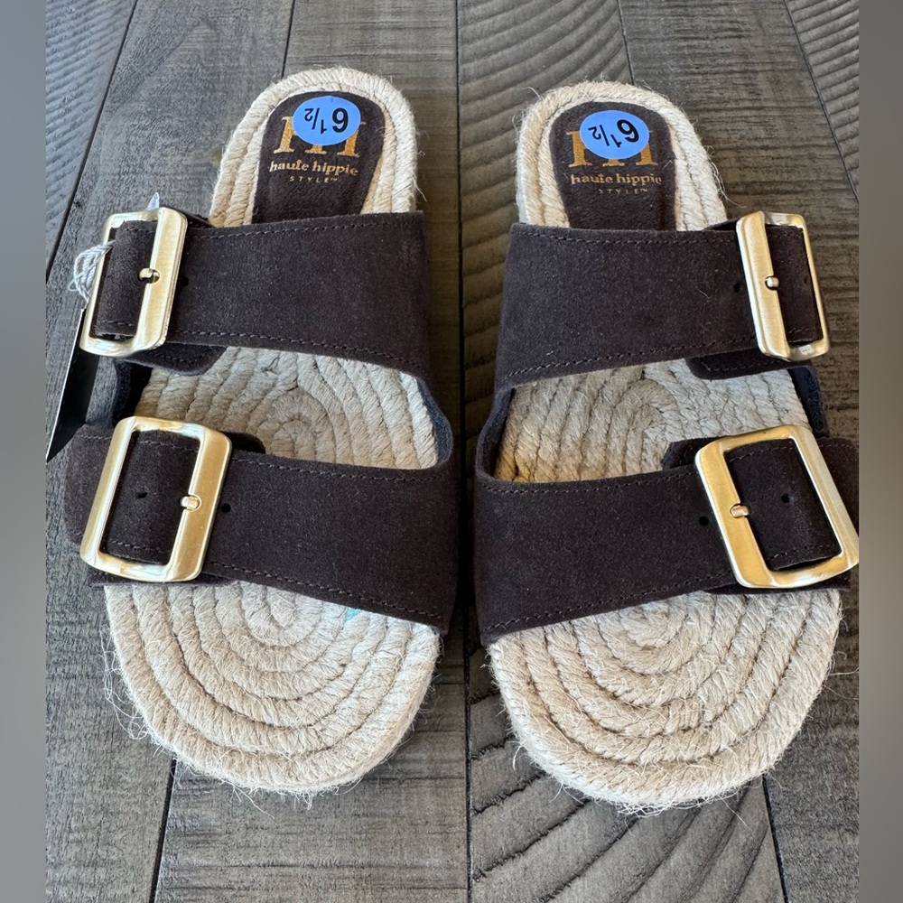 Haute Hippie Dark Brown Suede Buckle Slide Sandals Women’s Size 6.5 (NWOT) - Picture 3 of 12